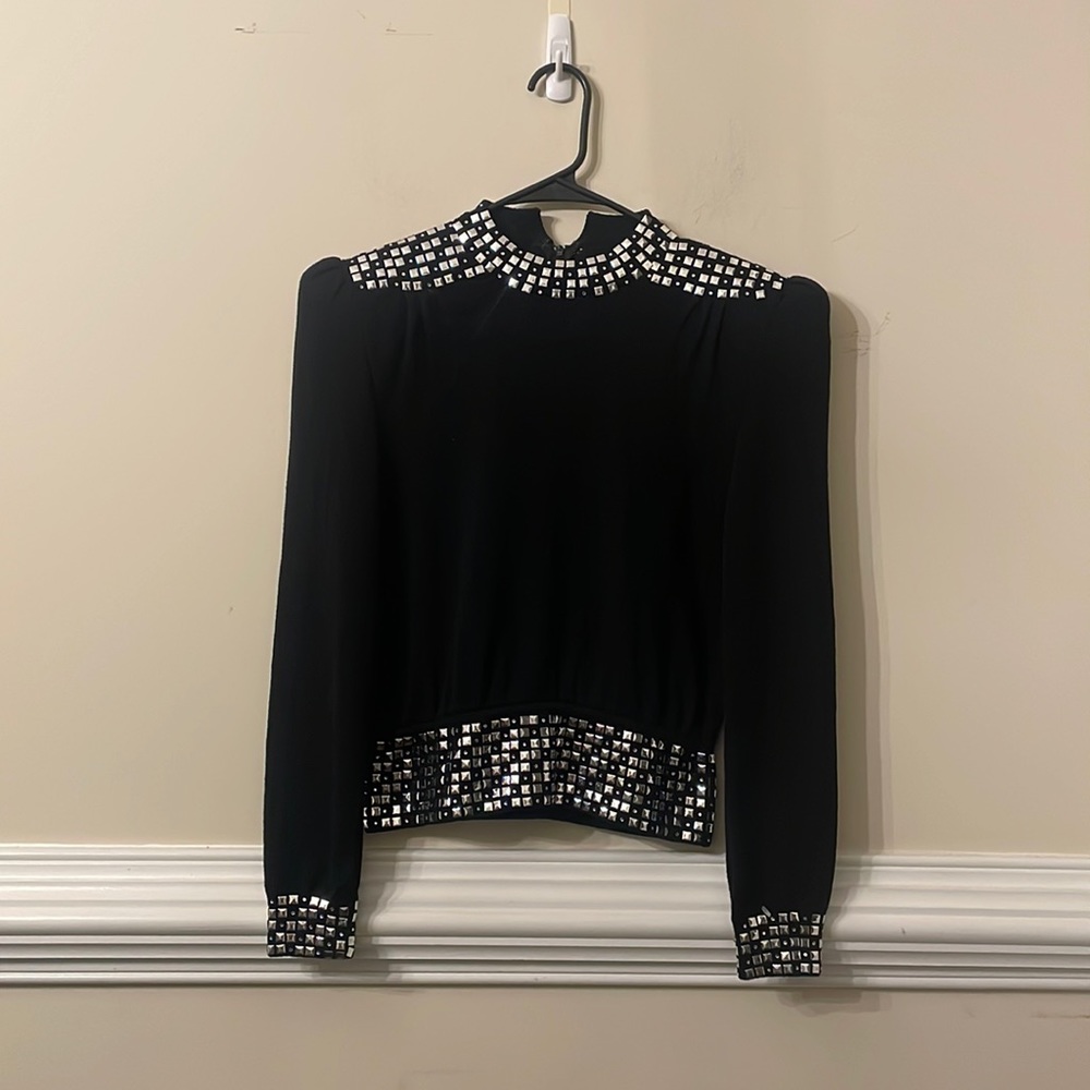 St John bedazzled shoulder padded knit top